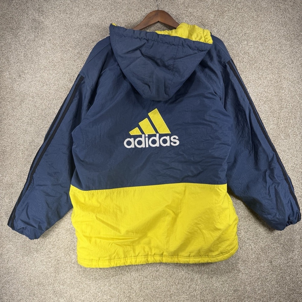 VTG 90s Adidas Logo Two Tone Puffer Jacket L? Yellow Navy Gorpcore Athleisure